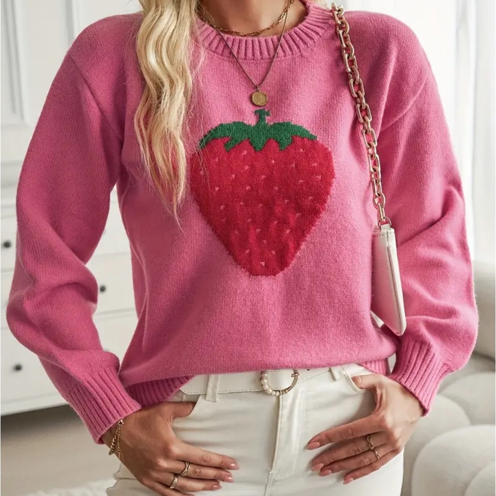 Women's Pink Strawberry Knit Sweater